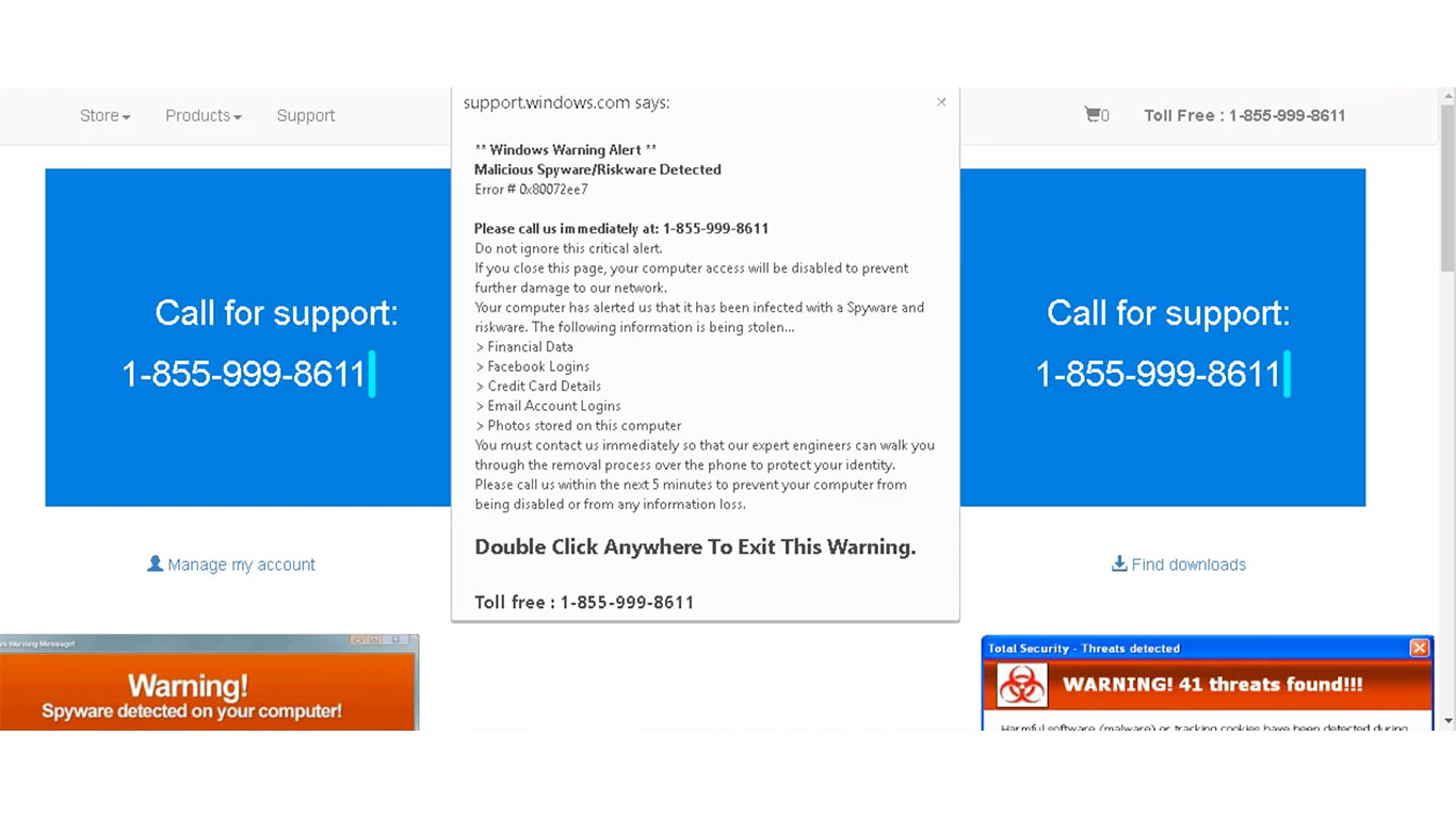A fake Windows warning alert pop-up claims a virus has been detected and urges the user to call a toll-free number for support. Backgrounds display “Call for support: 1-855-999-8611” with scam warnings and hazard symbols.