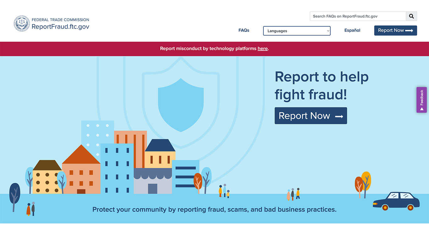 A website page from ReportFraud.ftc.gov encourages users to report fraud, featuring illustrated buildings, people, and the message: "Report to help fight fraud! Report Now." A shield icon is in the background.