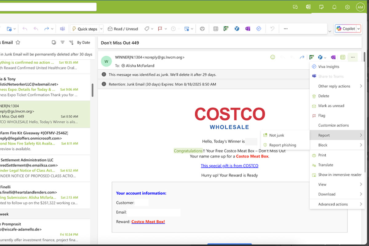 A computer screen displays an Outlook inbox with a highlighted email impersonating Costco, claiming the user has won a reward and urging them to click a link to redeem a "Costco Meat Box.