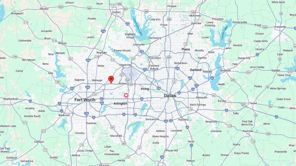 A map showing the Dallas-Fort Worth area in Texas with markers highlighting specific locations and Reese Technologies Contact points near Fort Worth, Arlington, and Dallas. Major highways and cities are labeled.