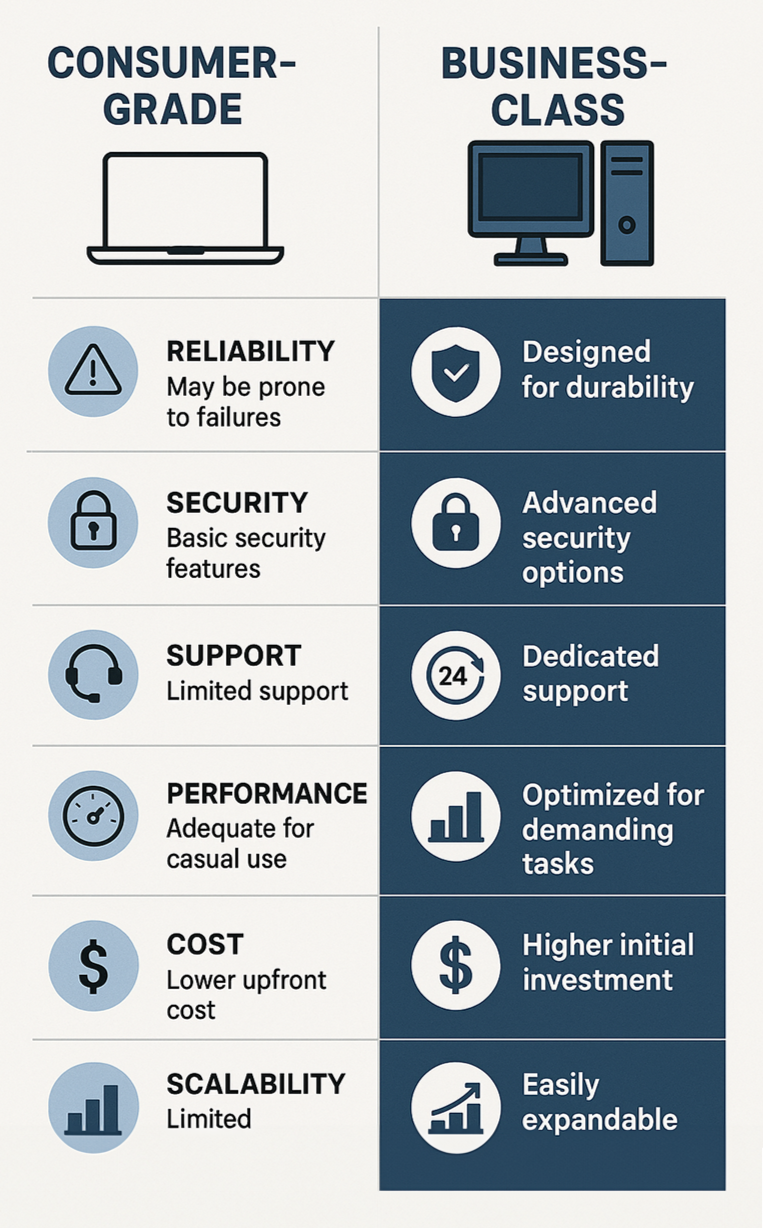 A comparison chart showing consumer-grade vs. business-class computers, highlighting differences in reliability, security, support, performance, cost, and scalability—showing how business-class equipment can boost productivity and reduce downtime with advanced features.