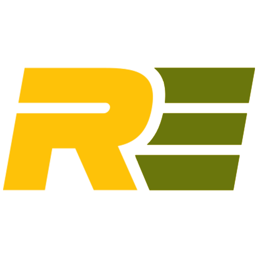 A stylized logo featuring a bold yellow letter "R" next to three horizontal green bars on a light gray background.