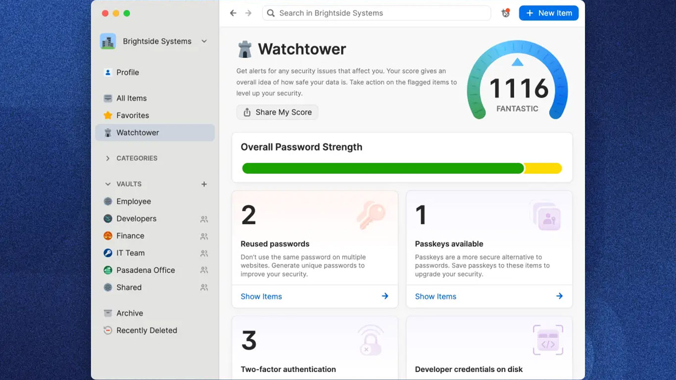 A dashboard of a password manager app shows a "Watchtower" security score of 111, labeled "Fantastic." Below, it displays overall password strength, reused passwords, passkeys available, and two-factor authentication status.